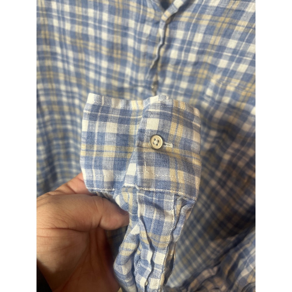 Peter Millar Mens Large Blue Plaid Linen Blend Long Sleeve Button Down Shirt L - Picture 3 of 5
